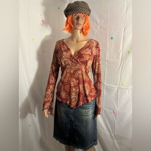 Vintage Y2K Self Esteem Red Paisley V Neck Bell Sleeve in Size L